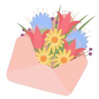 Bouquet of spring flowers inside the envelope . Hand drawn vector greeting card.