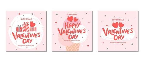 Feliz día de San Valentín. conjunto de diseño de plantilla de banner de venta con letras dibujadas a mano día de san valentín. adecuado para promociones de marketing y publicaciones en redes sociales y anuncios web en Internet. vector