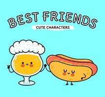 Cute, funny happy glass of beer and hot dog. Vector hand drawn cartoon kawaii characters, illustration icon. Funny cartoon glass of beer and hot dog mascot friends concept