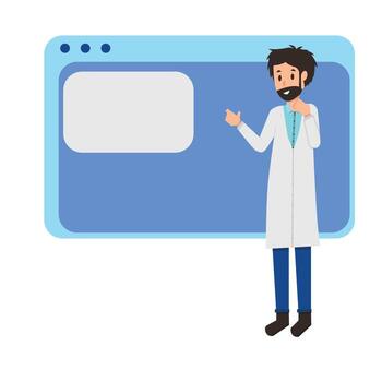 flat cartoon character of Science researching lab presentation explain talk with screen vector