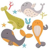 Set of cute whales. Kawaii sea animals. Marine life animals, underwater blue whales, childrens icons for stickers, baby shower, books. Stock vector illustration, eps 10.