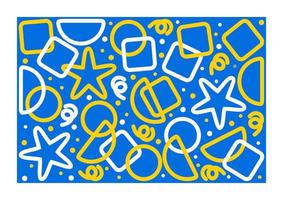 Colorful pattern. Circles, triangles, serpentine, dots, squares, half circles, stars. Fun colorful line doodle shape background. Blue, yellow, white colors. vector