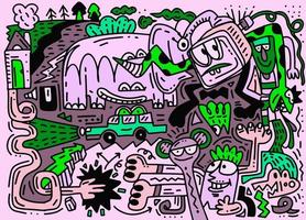 Cartoon vector doodles hand drawn town.