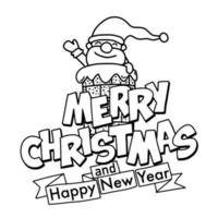 Cute hand drawn Christmas doodles, Santa Claus smiling and waving his hand over the chimney. With merry Christmas and Happy New Year typography, Each on a separate layer. vector