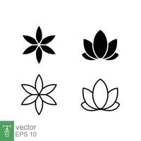 Lotus plant icon set. Simple solid and outline style. Harmony symbol, relax spa flower, petal, leaf, bloom, nature concept. Glyph and line vector illustration isolated on white background. EPS 10.