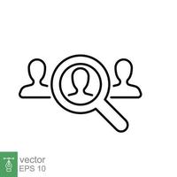 Search job vacancy icon. Simple outline style. Magnifying glass, find people employer business concept. Hire candidate, recruit, competition line symbol. Vector illustration. EPS 10.