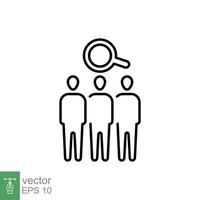 Search job vacancy icon. Simple outline style. Magnifying glass, find people employer business concept. Hire candidate, recruit, competition line symbol. Vector illustration. EPS 10.