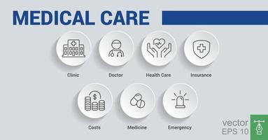 Medical care banner. Healthcare icon set. Hospital, clinic, doctor, health care, insurance, costs, medicine and emergency vector illustration concept. EPS 10.