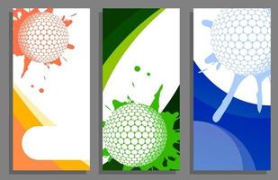 Golf ball hit the wall with splashes. Set of vertical flyers. Templates for sport invitation, banners, brochures. Sport equipment. Vector