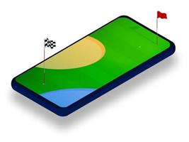 campo de golf verde en la pantalla del teléfono inteligente. juegos en línea, tecnologías modernas en la industria del deporte y el entretenimiento. vector ismetrico