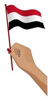 Female hand gently holds small flag of yemen republic. Holiday design element. Cartoon vector on white background