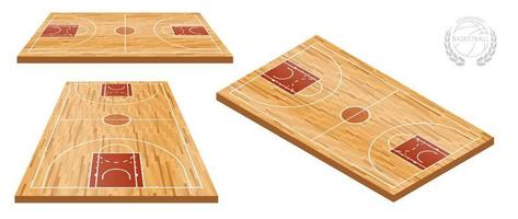 basketball court in isometric with wooden parquet flooring and markings lines. Outline basketball playground top view. Sports ground for active recreation. Vector