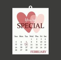 cute valentine's day card in the form of a calendar vector