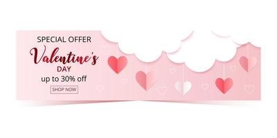 Valentine's Day special offer poster or banner with many glass hearts on pink background. vector