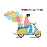 hombre en scooter con globos de colores. entrega de globos. vector