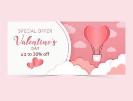 cartel de oferta especial del día de san valentín o pancarta con muchos corazones de vidrio sobre fondo rosa. vector