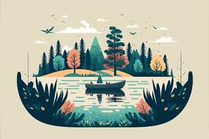 river in natural environment with an empty boat vector