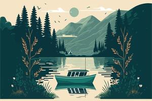 river in natural environment with an empty boat vector