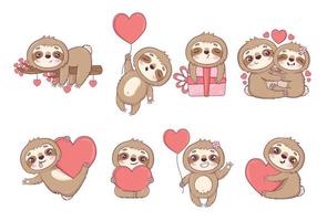 Clipart set with funny sloths in love, hugging, with gifts and hearts for Valentine's Day vector
