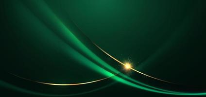 cinta verde curva de oro 3d abstracta sobre fondo verde oscuro con efecto de iluminación y brillo con espacio de copia para texto. estilo de diseño de lujo. vector