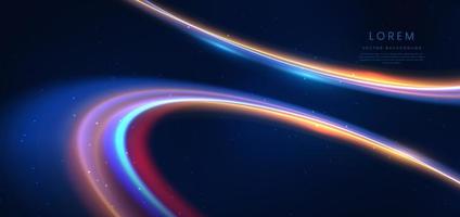 Abstract technology futuristic neon curved glowing blue and gold  light lines with speed motion blur effect on dark blue background. vector