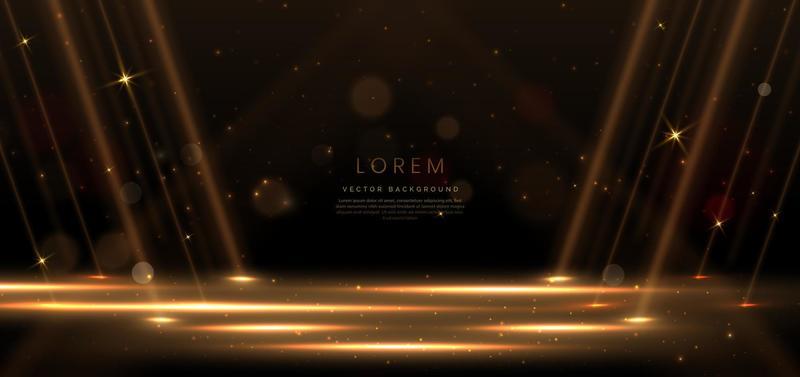 Elegant golden stage horizontal glowing with lighting effect sparkle on black background. Template premium award design.
