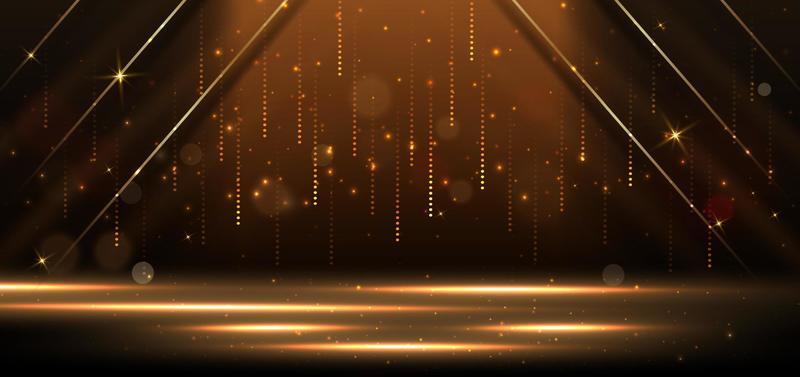 Elegant golden stage horizontal glowing with lighting effect sparkle on black background. Template premium award design.