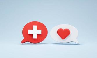 burbuja de chat con símbolos médicos, signo más y corazón en el fondo. concepto de atención médica, discusión de salud completa y saludable. foto