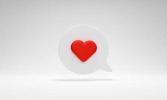 icono del corazón de notificación en el cuadro de chat sobre fondo blanco. concepto de red social, notificación de medios sociales, ideas de negocios que muestran satisfacción y evaluación, un símbolo de amor. ilustración 3d foto