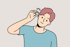 Unhealthy young man use eardrops suffer from infection. Unwell sick guy get medication for inflamed ear. Healthcare and medicine. Vector illustration.