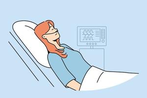 Sick woman with oxygen lying in hospital bed. Unhealthy female patient rest in clinic, monitored with electronic devices. Healthcare and medicine. Vector illustration.