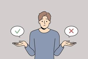 Frustrated young man feel unsure or doubtful about making decision. Confused guy think doubt about problem solution. Dilemma concept. Vector illustration.