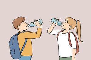 Small children with backpacks drinking fresh water from plastic bottles. Happy kids suffer from thirst enjoy clear aqua for hydration. Vector illustration.