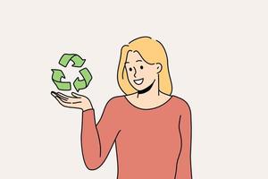 Smiling young woman holding recycle sign in hands care about planet conservation and protection. Happy female activist or volunteer with recycling symbol. Vector illustration.