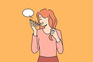 Smiling young woman talk on modern cellphone on loudspeaker. Happy girl have conversation on smartphone on speaker. Vector illustration.