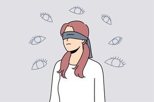 Young woman with cover on eyes feel stalked with various numerous eyes. Blindfolded female feeling paranoid. Mental health and paranoia. Vector illustration.