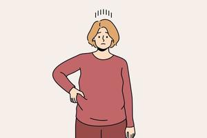 mujer joven infeliz toca grasa en el vientre angustiada por el exceso de peso. malestar femenino con sobrepeso angustiado por la obesidad muestra kilos de más. ilustración vectorial vector