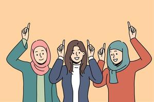 Smiling diverse Arabic women in hijabs showing up at good deal or offer. Happy multiracial females point at sale or promotion. Vector illustration.