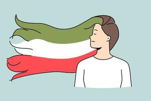 Woman with Iranian flag in hair stand together for equal rights. Female activist or feminist protest for democracy in Iran. Vector illustration.