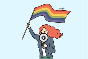 Decisive young woman with LGBTQ flag scream in megaphone on protest or demonstration. Female activist or protester with LGBT symbol make announcement in loudspeaker. Vector illustration.