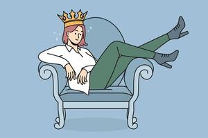 Confident young woman in crown sitting on chair. Smiling girl in golden accessory show confidence and high self-esteem. Vector illustration.