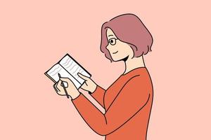 una joven sonriente con gafas toma notas en un cuaderno. mujer feliz escribe en el bloc de notas, haz un plan o una lista. ilustración vectorial vector