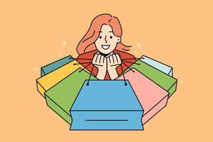 Overjoyed young woman with numerous packages excited with shopping on sales. Smiling girl with packages happy with purchases. Shopaholic and consumerism. Vector illustration.