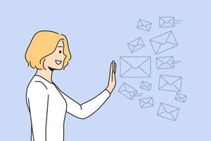 Smiling young woman stop numerous letters overwhelmed with excessive notifications. Happy girl reject spam emails. Vector illustration.