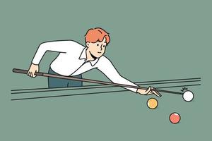 Young man playing billiards. Playful guy have fun enjoy pool with cue. Hobby and entertainment. Vector illustration.