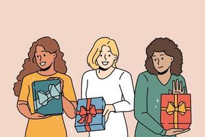 Smiling young women holding wrapped presents celebrate Christmas together. Happy girls with gifts in hands excited with New Year celebration. Vector illustration.