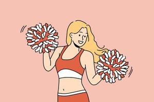Overjoyed young woman in uniform dancing with pompons. Smiling girl in sportswear cheering at game. Cheerleading concept. Vector illustration.