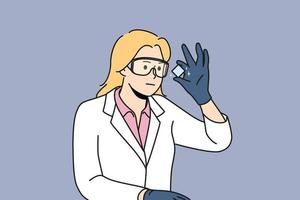 mujer joven en uniforme blanco mira el elemento químico hacer experimento. una investigadora o científica sonriente con gafas analiza el objeto. ilustración vectorial vector