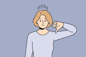 Unhappy young woman show thumb down dissatisfied with bad quality service. Upset distressed female demonstrate dislike and disapproval. Vector illustration.