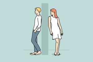 Man and woman separated by wall. Young couple stand on different sides of wall. Separation and breakup. Vector illustration.